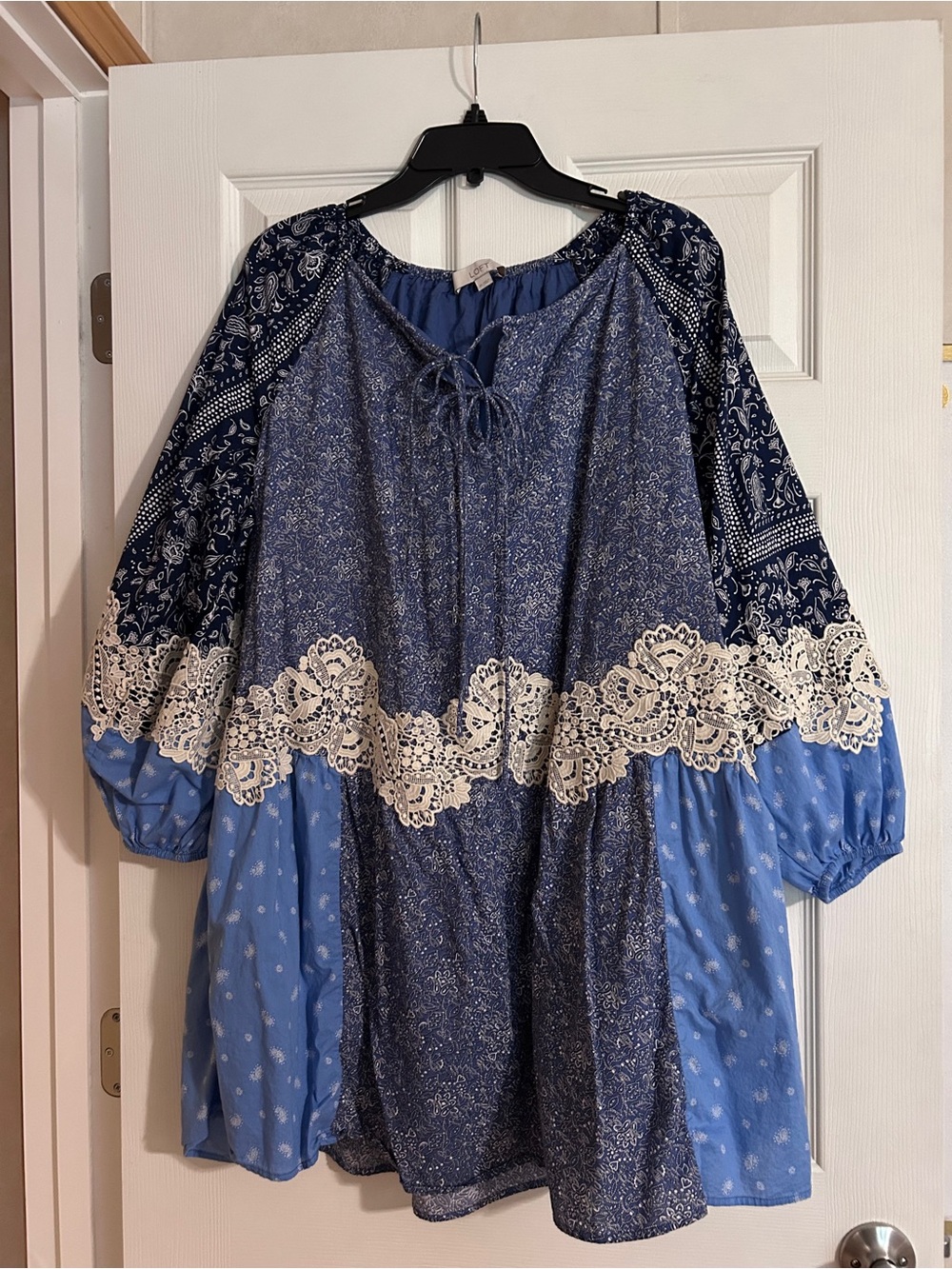 Boho Patchwork Blue Peasant Mini Dress with Lace Trim
